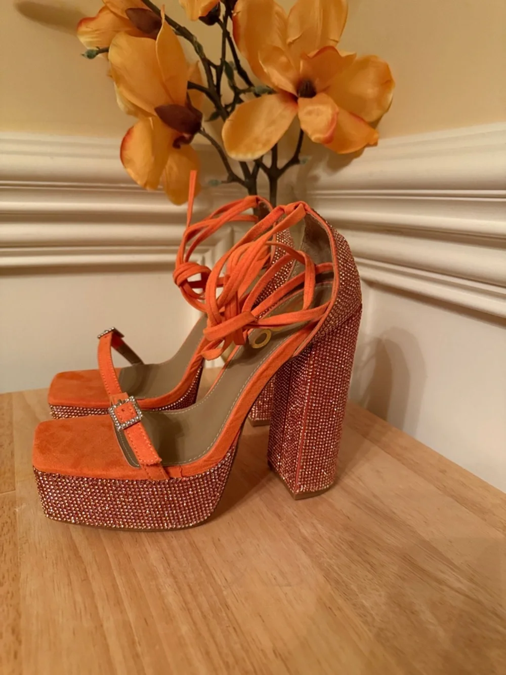 EGO Orange Rhinestone Platform Block Heels with Ankle Tie Uk 4 /‎ US 6